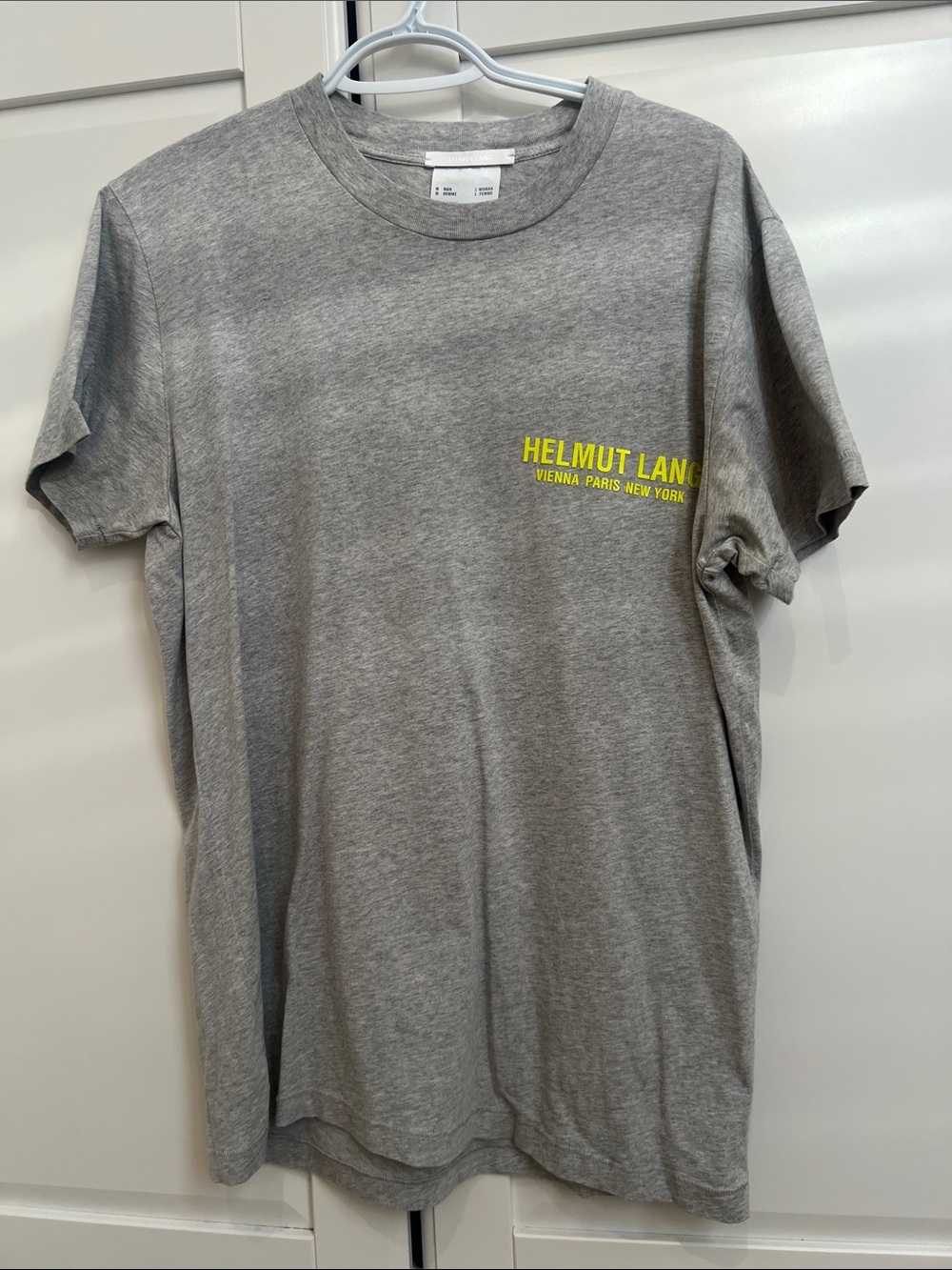Helmut Lang Grey Tee with Yellow Logo Print